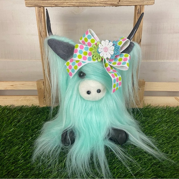 Hand Crafted Other - Highland Cow Coo Gnome Aqua Handmade White Pink Daisy Flower Bow Farmhouse Decor